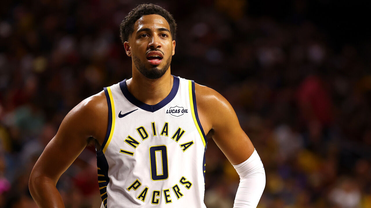 AMES, IOWA - OCTOBER 07: Tyrese Haliburton #0 of the Indiana Pacers looks on during the first half against the Minnesota Timberwolves at Hilton Coliseum during a preseason game on October 07, 2026 in Ames, Iowa. NOTE TO USER: User expressly acknowledges and agrees that, by downloading and or using this photograph, User is consenting to terms and conditions of the Getty Images License Agreement.