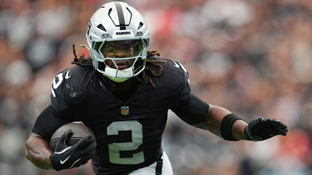 LAS VEGAS, NEVADA - OCTOBER 04: Ashton Jeanty #2 of the Las Vegas Raiders runs the ball against the Kansas City Chiefs during the second quarter at Allegiant Stadium on October 04, 2026 in Las Vegas, Nevada.