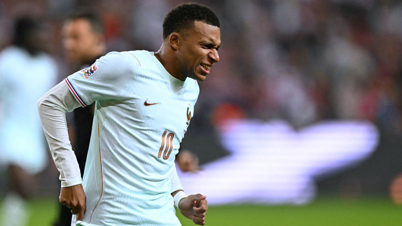 France's forward #10 Kylian Mbappe reacts after scoring the opening goal and to a leg pain during the UEFA Nations League (League A, Group 1) first leg football match between Turkey and France at the Kocaeli Stadium in Izmit, on September 25, 2026.