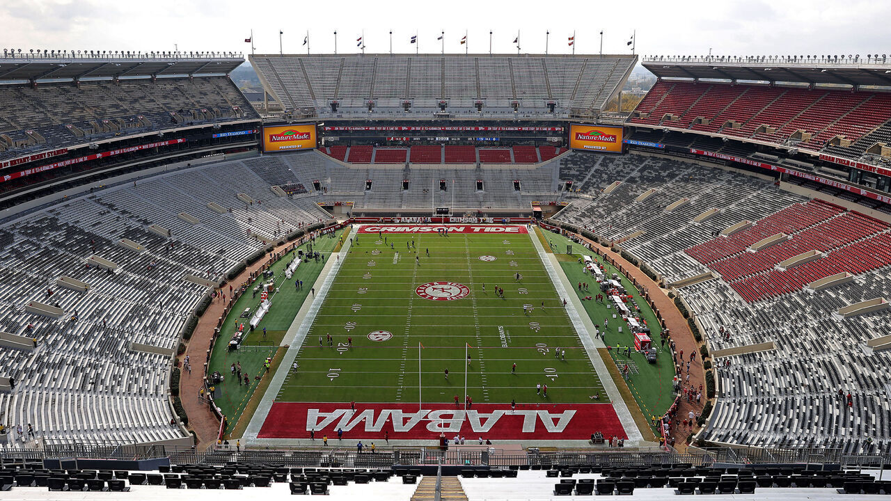 TUSCALOOSA, ALABAMA - NOVEMBER 22: A general view of Nick Saban Field at Bryant-Denny Stadium before the game between the Alabama Crimson Tide and the Eastern Illinois Panthers on November 22, 2025 in Tuscaloosa, Alabama.