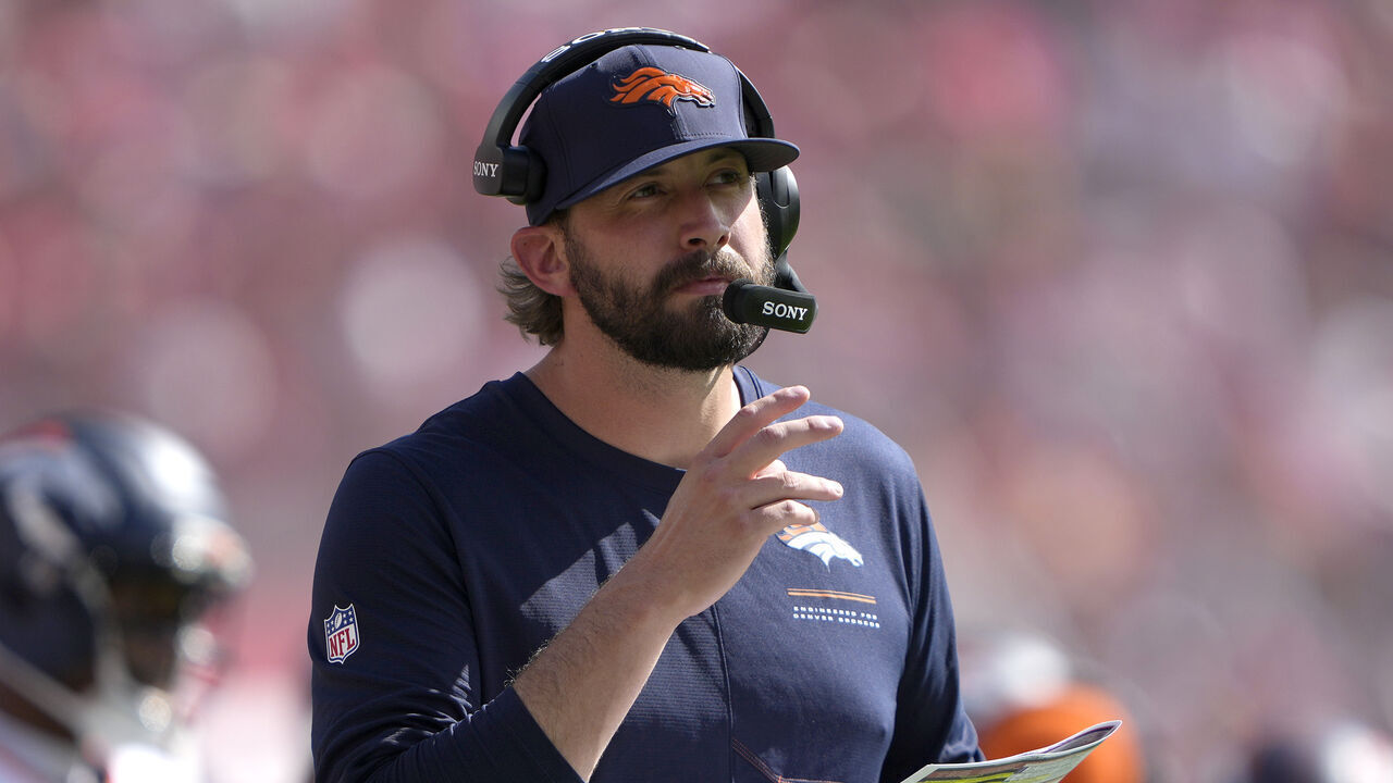 SANTA CLARA, CALIFORNIA - OCTOBER 04: Davis Webb offensive coordinator for the Denver Broncos looks on against the San Francisco 49ers in the second quarter of an NFL football game at Levi's Stadium on October 04, 2026 in Santa Clara, California.