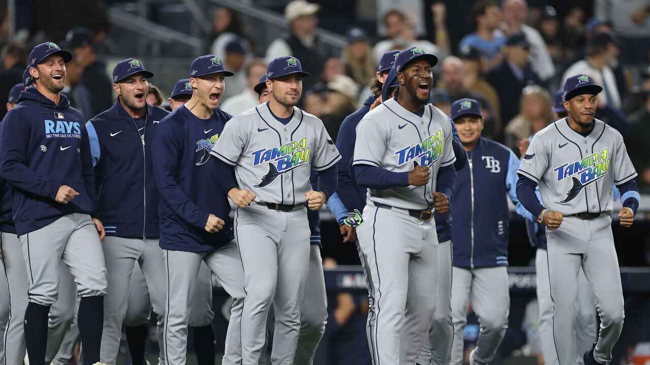 NEW YORK, NEW YORK - OCTOBER 07: Members of the Tampa Bay Rays celebrate after defeating the New York Yankees in game three of the American League Division Series at Yankee Stadium on October 07, 2026 in the Bronx borough of New York City.