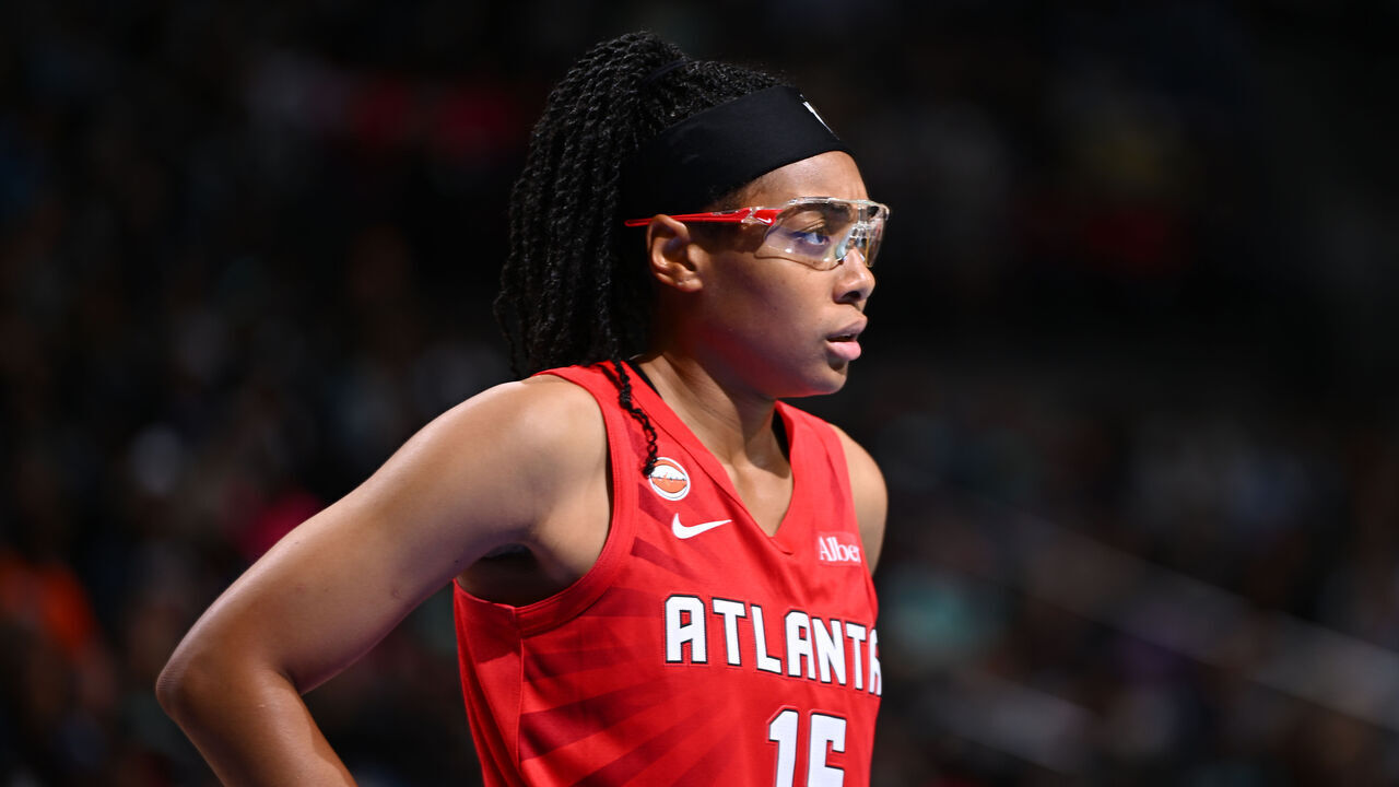 BROOKLYN, NY - SEPTEMBER 23: Allisha Gray #15 of the Atlanta Dream looks on during the game against the New York Liberty on September 23, 2026 at Barclays Center Arena in Brooklyn, New York. Mandatory Copyright Notice: Copyright 2026 NBAE