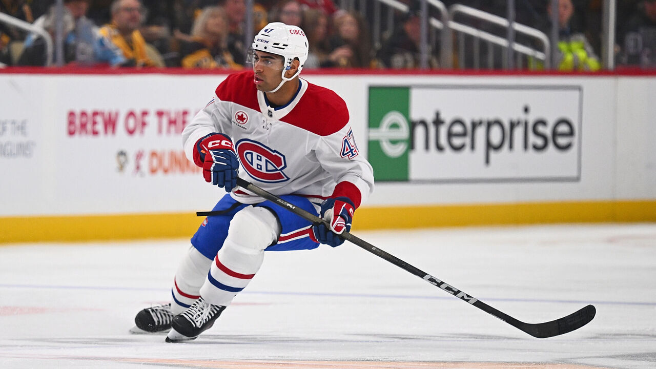 PITTSBURGH, PENNSYLVANIA - OCTOBER 3: Jayden Struble #47 of the Montreal Canadiens skates in the second period during the game against the Pittsburgh Penguins at PPG PAINTS Arena on October 3, 2026 in Pittsburgh, Pennsylvania.