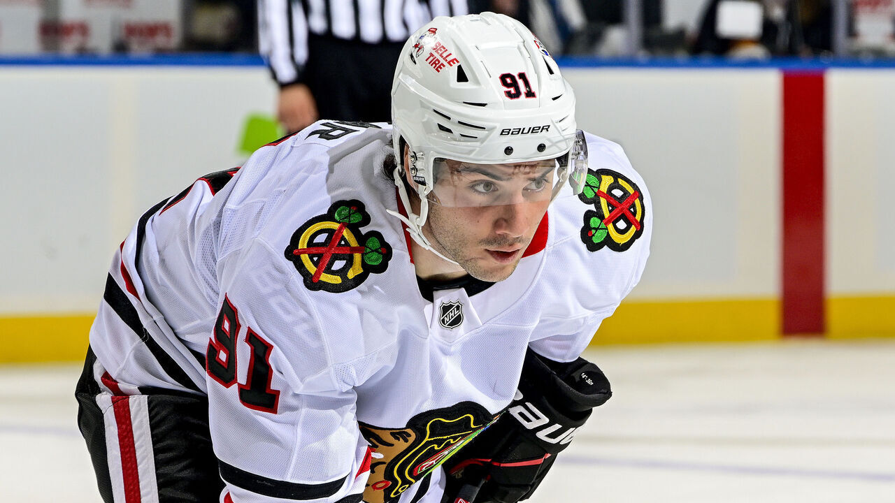 ELMONT, NEW YORK - OCTOBER 08: Frank Nazar #91 of the Chicago Blackhawks waits for a face-off against the New York Islanders during the game at UBS Arena on October 08, 2026 in Elmont, New York.