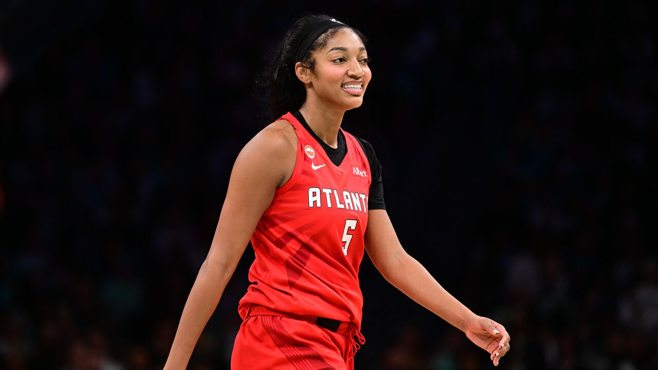 BROOKLYN, NY - OCTOBER 9: Angel Reese #5 of the Atlanta Dream smiles during the game against the New York Liberty during Semi-Finals Game 3 on October 9, 2026 at Barclays Center Arena in Brooklyn, New York. Mandatory Copyright Notice: Copyright 2026 NBAE