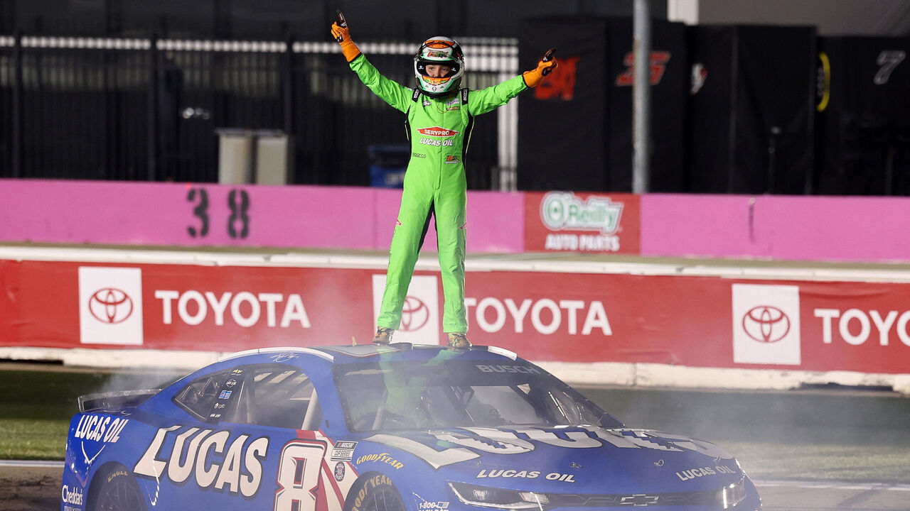 CONCORD, NORTH CAROLINA - OCTOBER 09: Kyle Busch's son Brexton Busch waves to the crowd after performing a burnout during the Kyle Busch Celebration of Life at Charlotte Motor Speedway on October 09, 2026 in Concord, North Carolina.