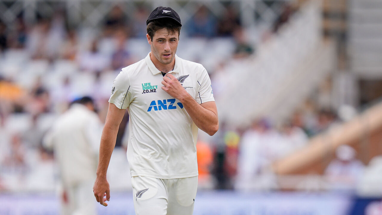 Will O'Rourke of New Zealand walks off with a potential injury after pulling out of his delivery stride, with a strapped and taped injured finger, during the 3rd Rothesay Test Match Day 5 between England and New Zealand at Trent Bridge in Nottingham, United Kingdom, on June 29, 2026.