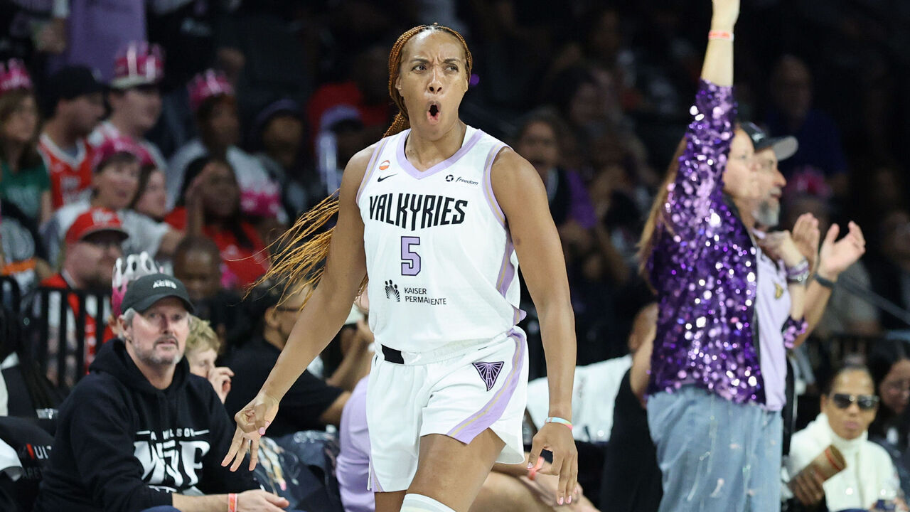 LAS VEGAS, NEVADA - OCTOBER 09: Kayla Thornton #5 of the Golden State Valkyries reacts after making a three-point basket against the Las Vegas Aces in the third quarter of Game Three of the 2026 WNBA Playoffs semifinals at Michelob ULTRA Arena on October 09, 2026 in Las Vegas, Nevada.
