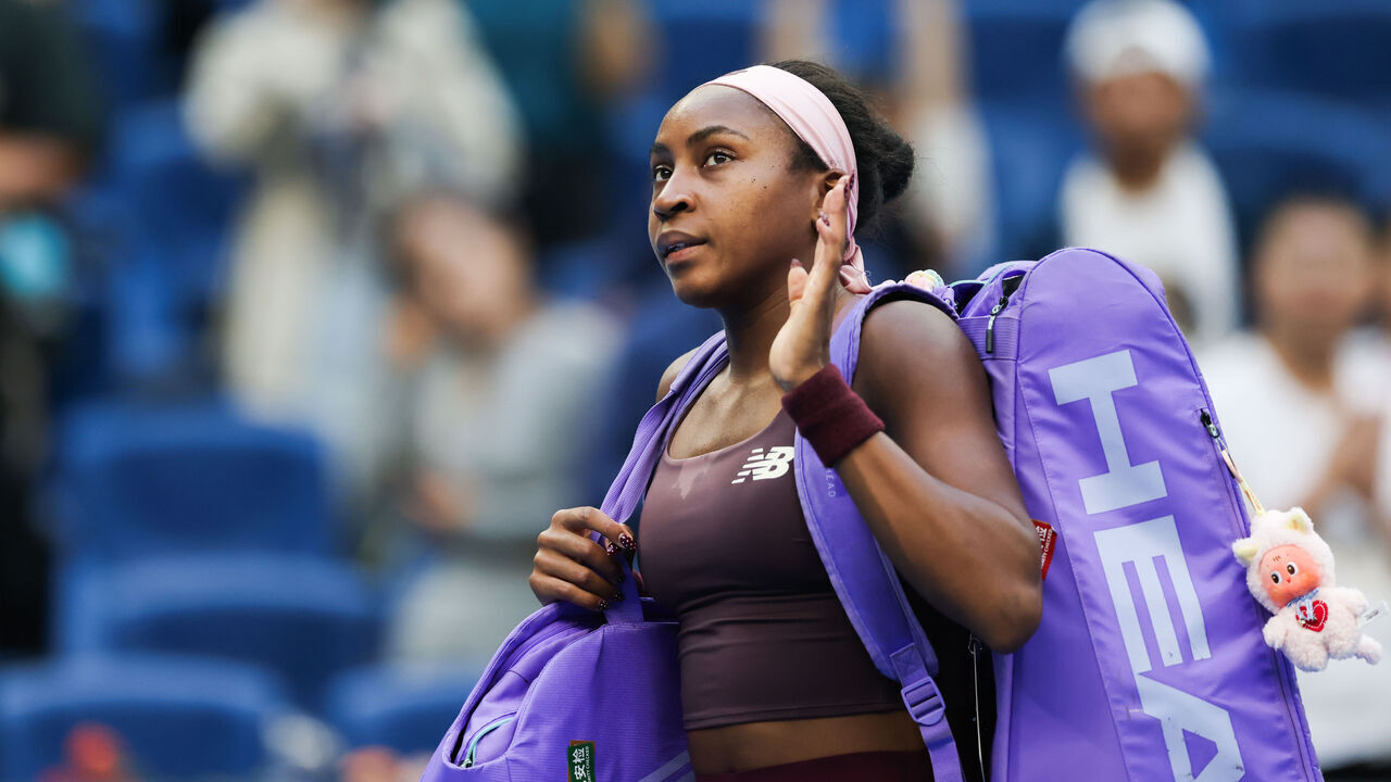 BEIJING, CHINA - OCTOBER 07: American Coco Gauff and Belgian Elise Mertens compete during the women's singles round of 16 match at the China Open 2026 on October 7, 2026 in Beijing, China.