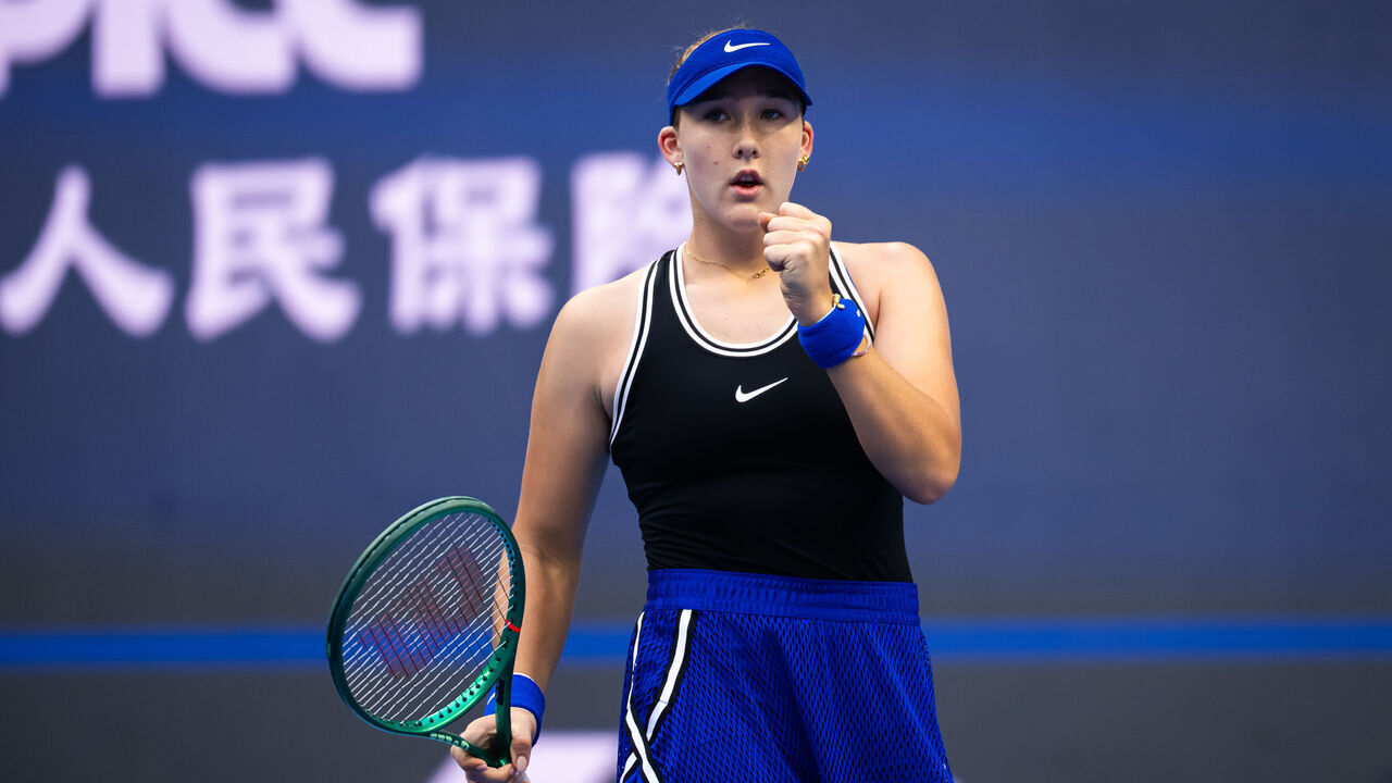 BEIJING, CHINA - OCTOBER 10: Mirra Andreeva in action against Nikola Bartunkova of the Czech Republic in the semi-final on Day 11 of the China Open at National Tennis Center on October 10, 2026 in Beijing, China