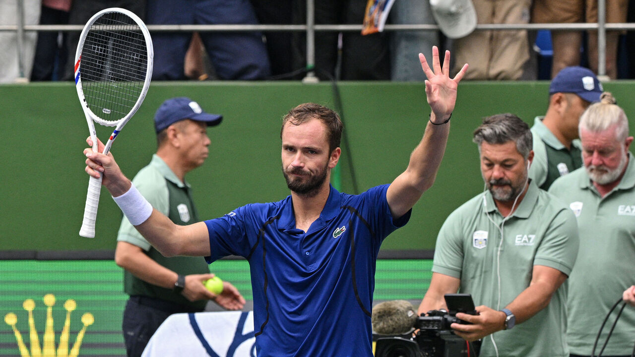 Russia's Daniil Medvedev celebrates beating Germany's Jan-Lennard Struff in their men's singles match at the Shanghai Masters tennis tournament in Shanghai on October 10, 2026.