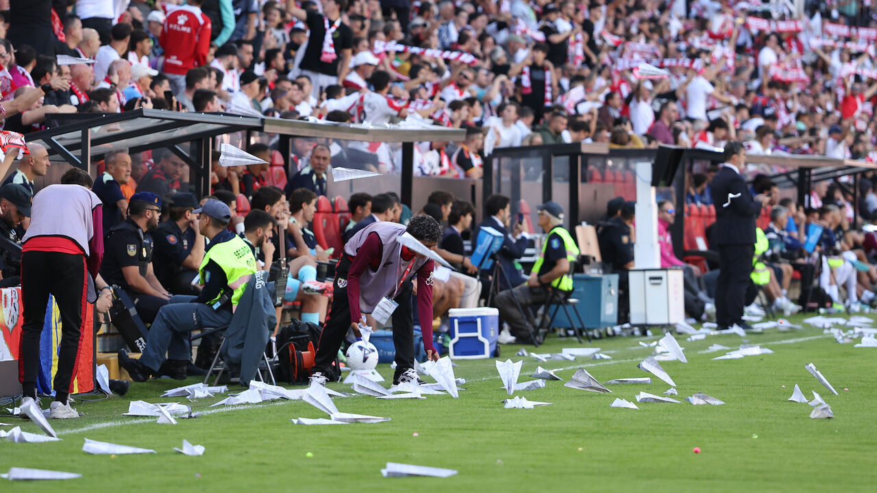 MADRID, SPAIN - OCTOBER 10: Rayo Vallecano fans throw paper planes onto the pitch in protest of Raul Martin Presa, President of Rayo Vallecano during the LaLiga EA Sports 2026/27 match between Rayo Vallecano de Madrid and Athletic Club at Estadio de Vallecas on October 10, 2026 in Madrid, Spain.