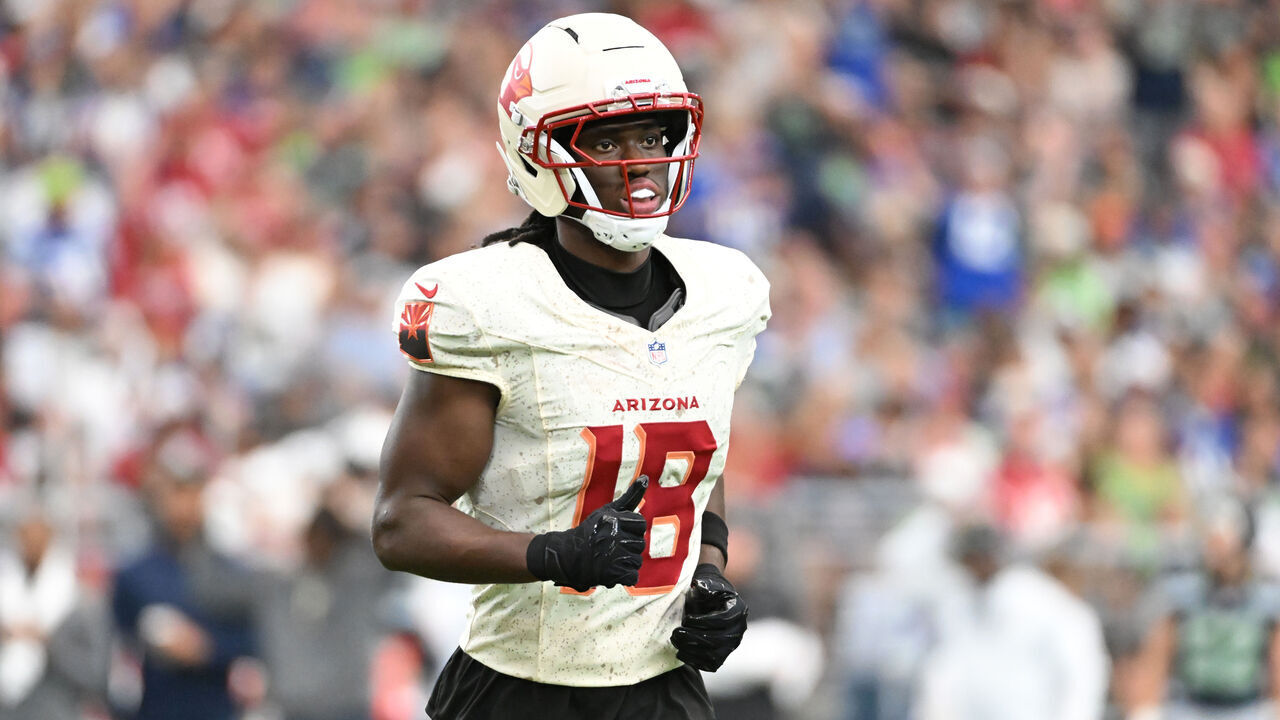GLENDALE, ARIZONA - SEPTEMBER 20: Marvin Harrison Jr #18 of the Arizona Cardinals runs up field against the Seattle Seahawks at State Farm Stadium on September 20, 2026 in Glendale, Arizona.
