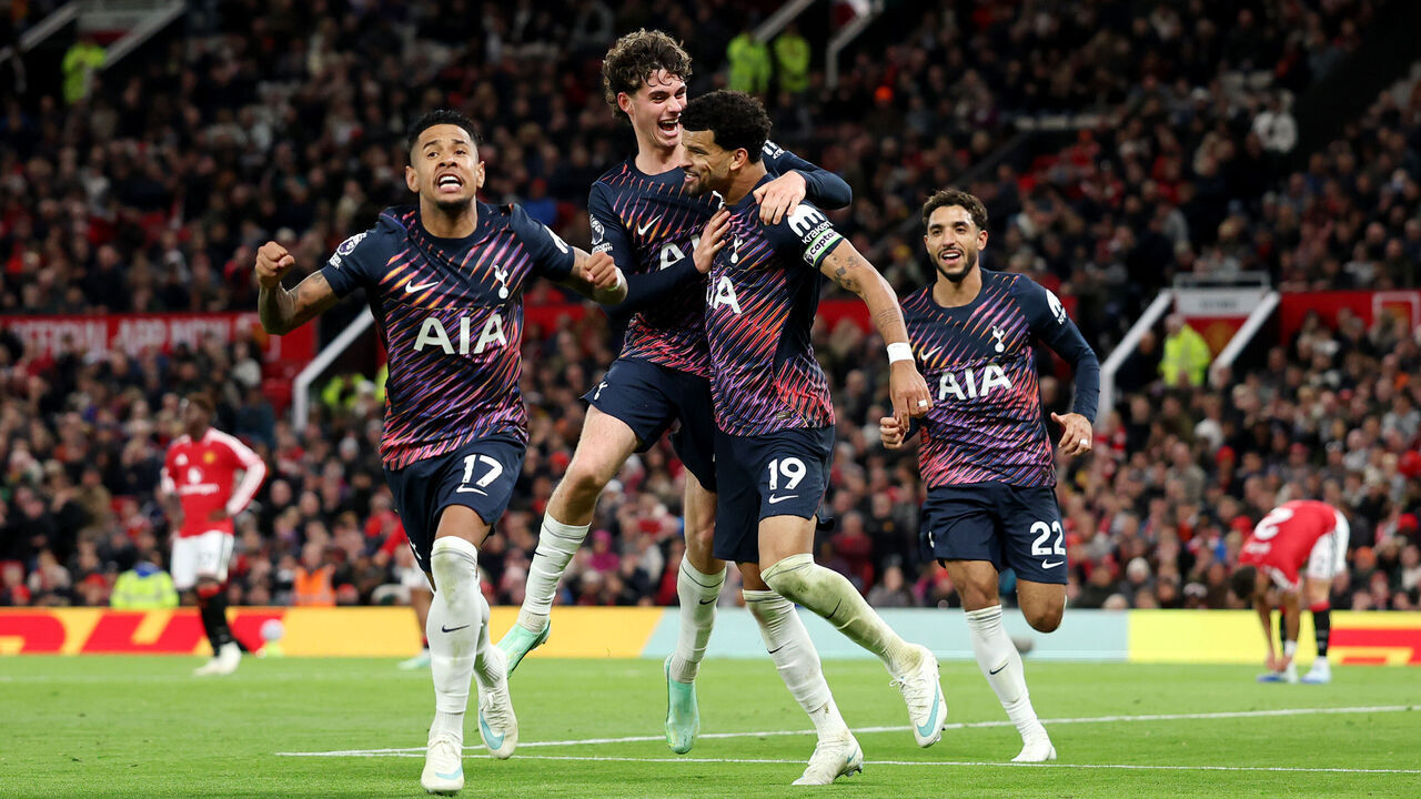 MANCHESTER, ENGLAND - OCTOBER 10: Dominic Solanke celebrates scoring his team’s first goal with teammates Savio and Archie Gray of Tottenham Hotspur during the Premier League 2026/27 match between Manchester United and Tottenham Hotspur at Old Trafford on October 10, 2026 in Manchester, England.
