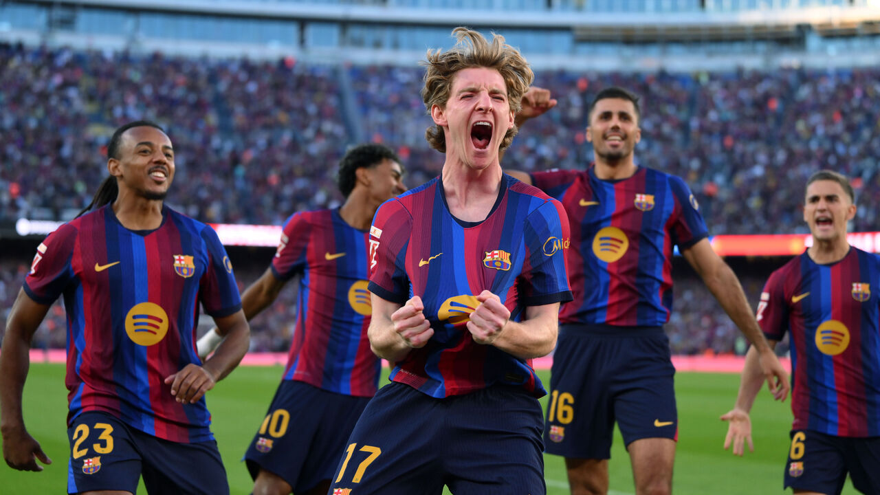 BARCELONA, SPAIN - OCTOBER 10: Anthony Gordon of FC Barcelona celebrates scoring his team’s first goal during the LaLiga EA Sports 2026/27 match between FC Barcelona and Getafe CF at Spotify Camp Nou on October 10, 2026 in Barcelona, Spain.