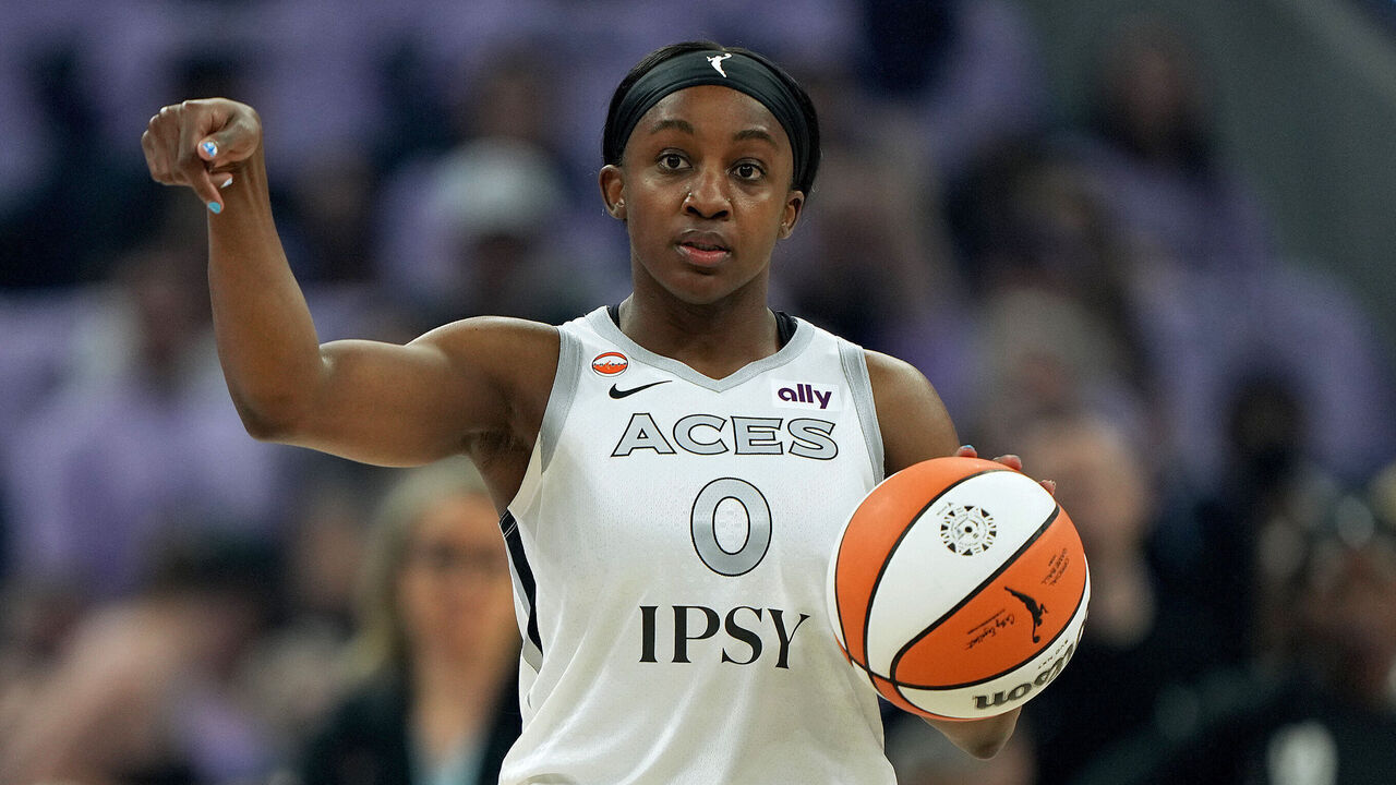 SAN FRANCISCO, CALIFORNIA - OCTOBER 07: Jackie Young #0 of the Las Vegas Aces dribbles the ball up court against the Golden State Valkyries in the first half during Game Two of the Semifinals at Chase Center on October 7, 2026 in San Francisco, California. NOTE TO USER: User expressly acknowledges and agrees that, by downloading and/or using this photograph, User is consenting to the terms and conditions of the Getty Images License Agreement.