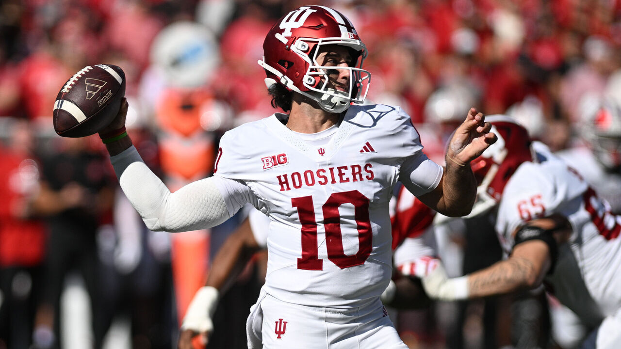LINCOLN, NEBRASKA - OCTOBER 10: Josh Hoover #10 of the Indiana Hoosiers drops back to pass against the Nebraska Cornhuskers during the first half at Memorial Stadium on October 10, 2026 in Lincoln, Nebraska.