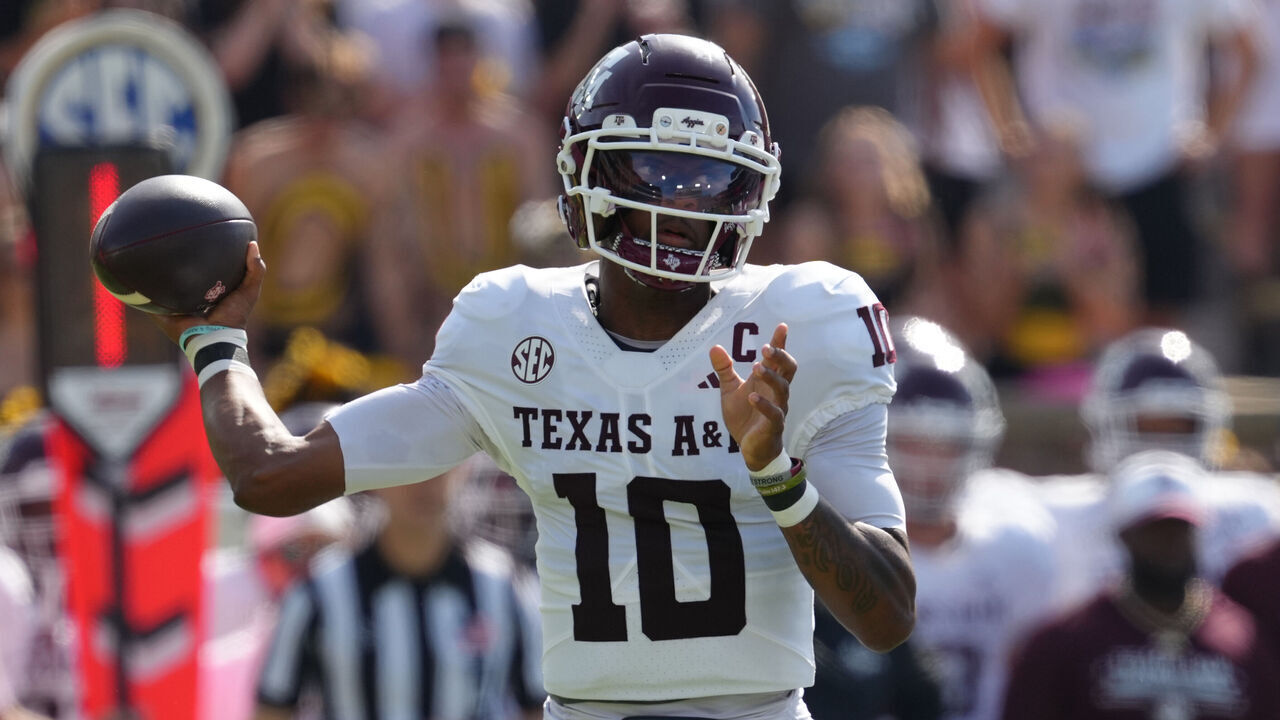 COLUMBIA, MISSOURI - OCTOBER 10: Marcel Reed #10 of the Texas A&M Aggies passes against the Missouri Tigers in the first half at Faurot Field at Memorial Stadium on October 10, 2026 in Columbia, Missouri.