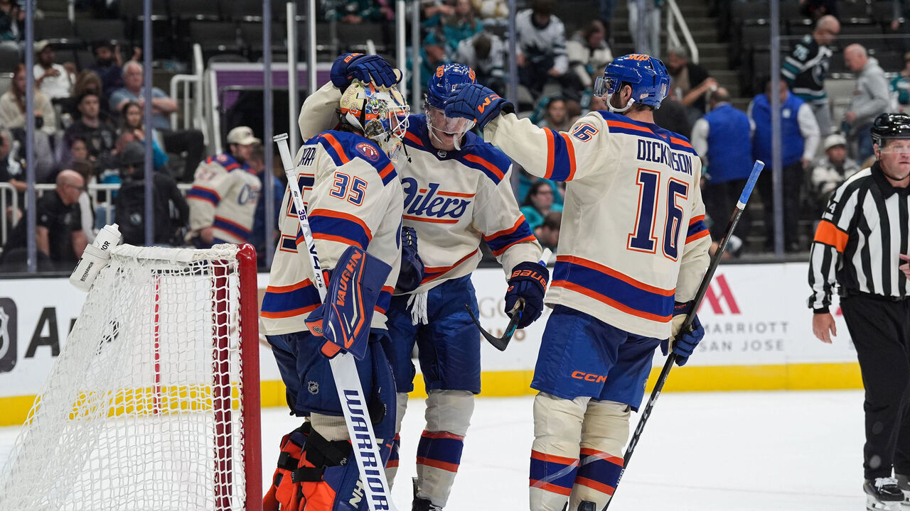 SAN JOSE, CA - OCTOBER 10: The Edmonton Oilers celebrate the win against the San Jose Sharks at SAP Center on October 10, 2026 in San Jose, California.