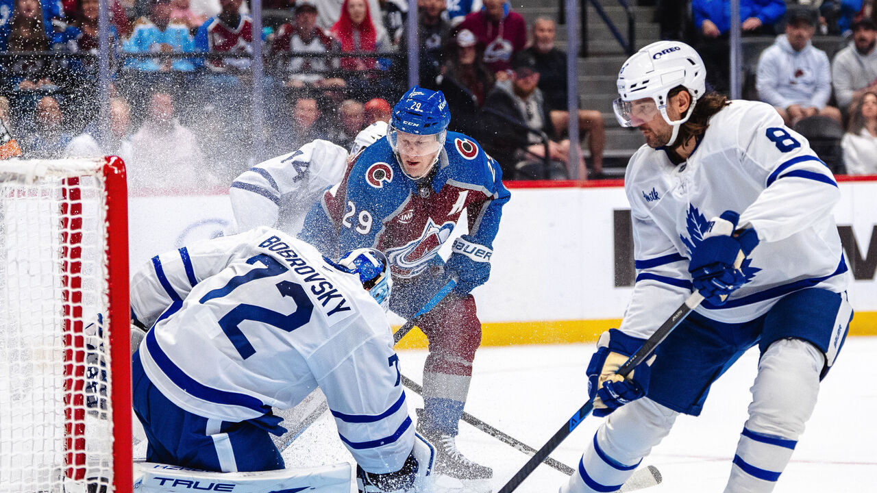 DENVER, COLORADO - OCTOBER 10: Nathan MacKinnon #29 of the Colorado Avalanche scores a first period goal against the Toronto Maple Leafs at Ball Arena on October 10, 2026 in Denver, Colorado.