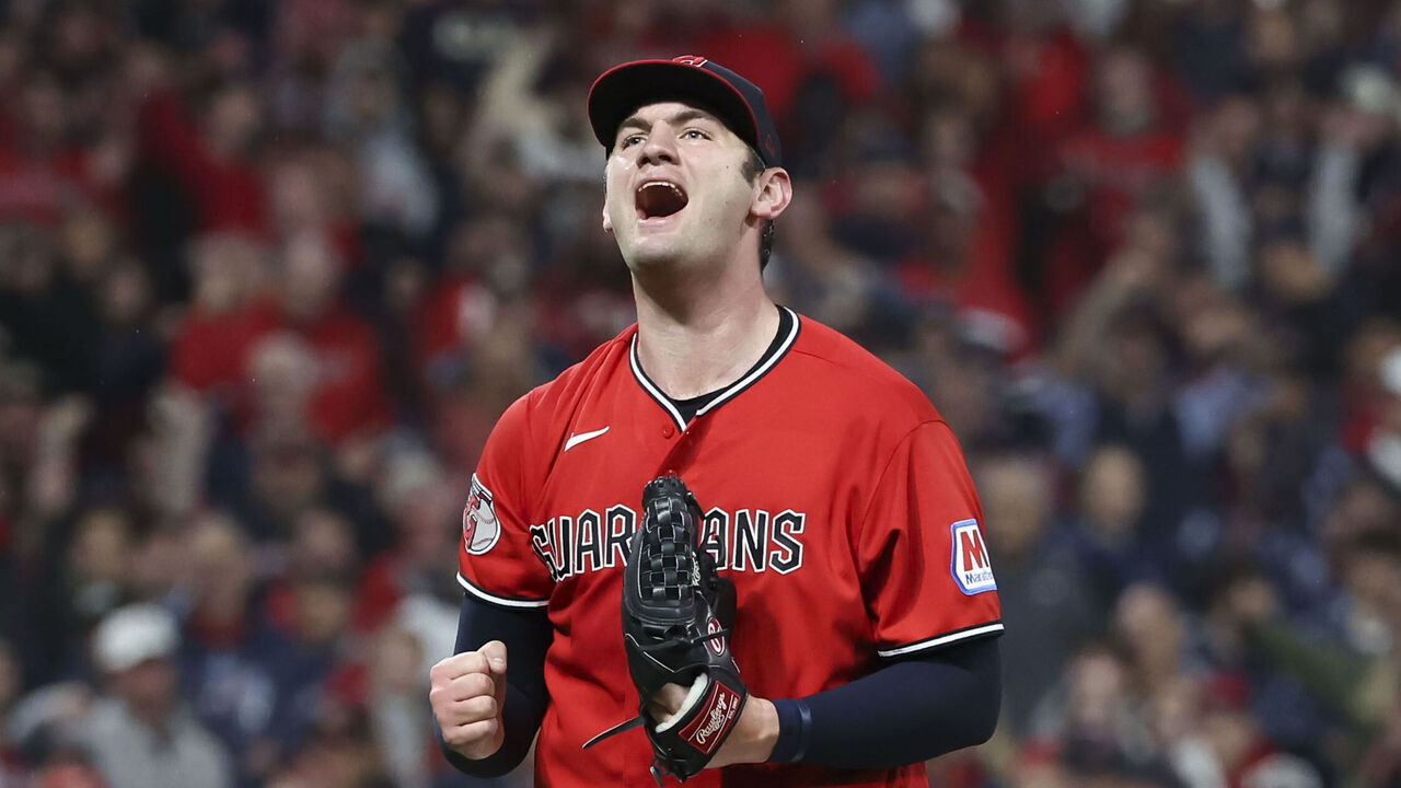 CLEVELAND, OH - OCTOBER 10: Gavin Williams #32 of the Cleveland Guardians celebrates during Game Five of the American League Division Series presented by Booking.com between the Chicago White Sox and the Cleveland Guardians at Progressive Field on Saturday, October 10, 2026 in Cleveland, Ohio.
