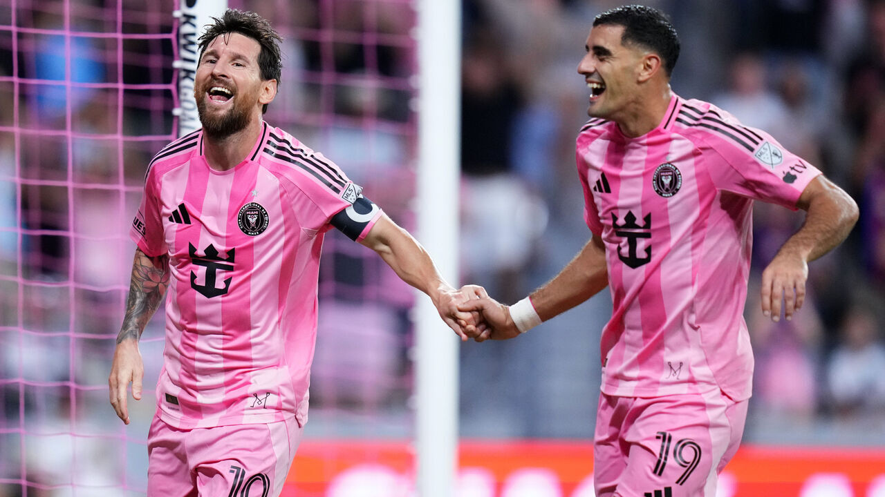 MIAMI, FLORIDA - OCTOBER 10: Lionel Messi #10 of Inter Miami CF celebrates scoring his team's fourth goal with teammate German Berterame #19 during the MLS match between Inter Miami CF and D.C. United at Miami Freedom Park on October 10, 2026 in Miami, Florida.