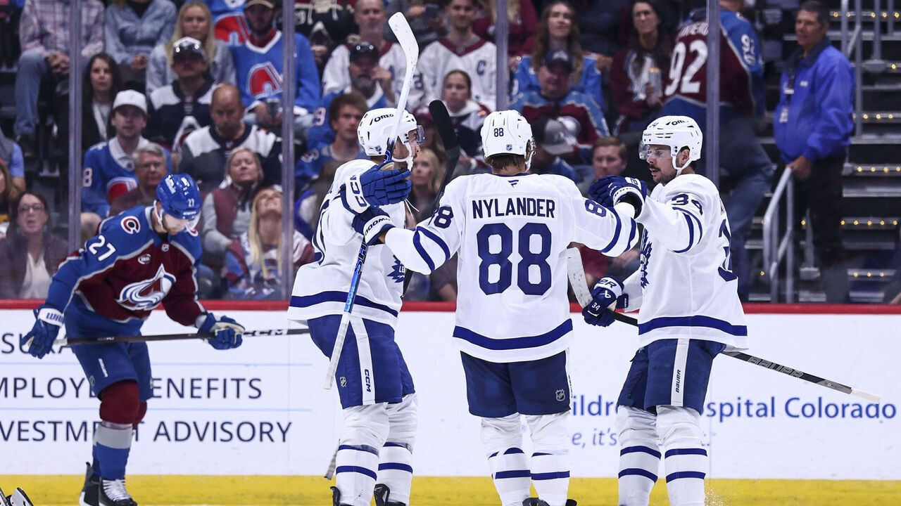 DENVER, COLORADO - OCTOBER 10: The Toronto Maple Leafs celebrate a goal against the Colorado Avalanche in the second period at Ball Arena on October 10, 2026 in Denver, Colorado.