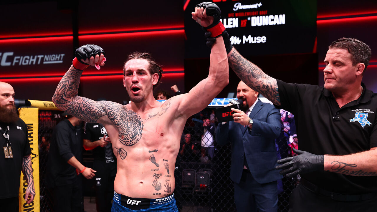 LAS VEGAS, NEVADA - OCTOBER 10: Brendan Allen reacts after a victory against Christian Leroy Duncan of England in a middleweight fight during the UFC Fight Night event at Meta APEX on October 10, 2026 in Las Vegas, Nevada.