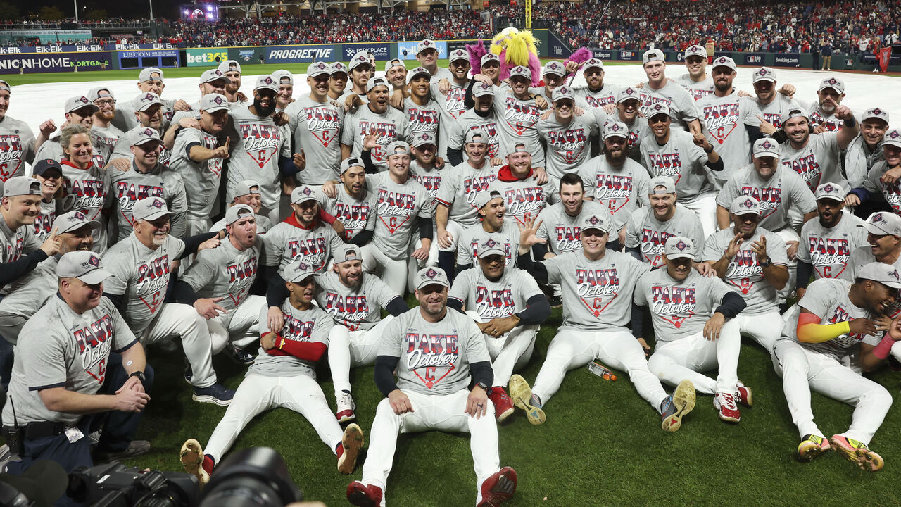 CLEVELAND, OH - OCTOBER 10: The Cleveland Guardians pose for a group photo after defeating the Chicago White Sox in Game Five of the American League Division Series presented by Booking.com between the Chicago White Sox and the Cleveland Guardians at Progressive Field on Saturday, October 10, 2026 in Cleveland, Ohio.