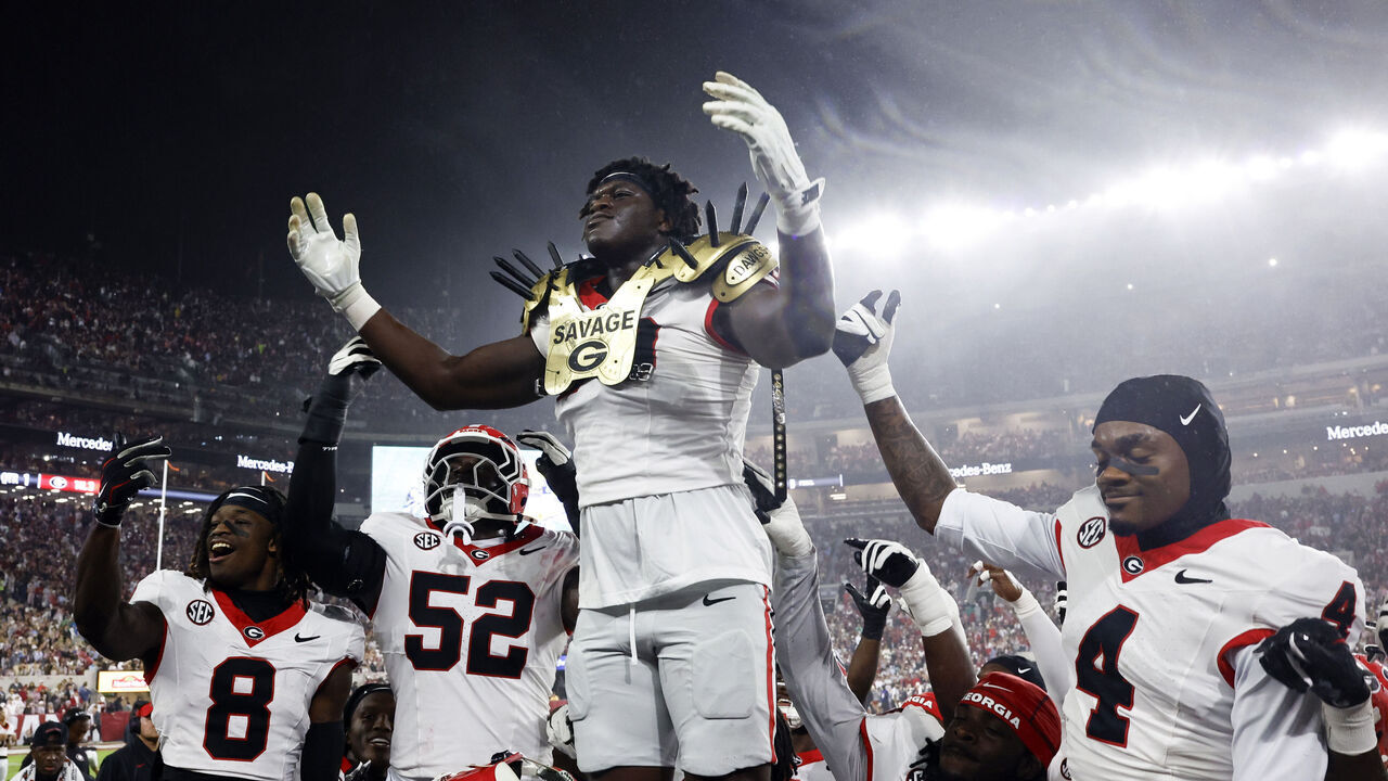 TUSCALOOSA, ALABAMA - OCTOBER 10: Defensive lineman Joseph Jonah-Ajonye #99 of the Georgia Bulldogs celebrates with teammates after causing a fumble against the Alabama Crimson Tide during the first half of the game at Bryant Denny Stadium on October 10, 2026 in Tuscaloosa, Alabama.