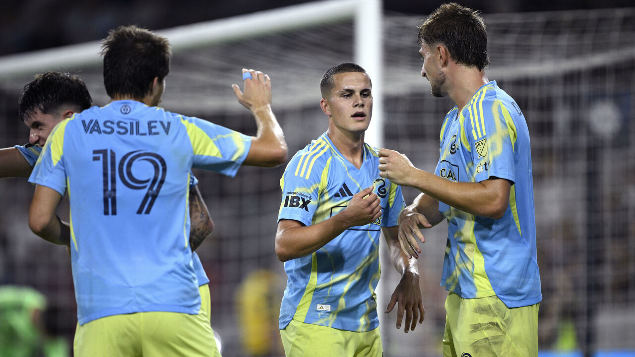 SAN DIEGO, CALIFORNIA - SEPTEMBER 13: Bruno Damiani #9 of the Philadelphia Union celebrates scoring with Cavan Sullivan #6 in the second half against San Diego FC at Snapdragon Stadium on September 13, 2026 in San Diego, California.