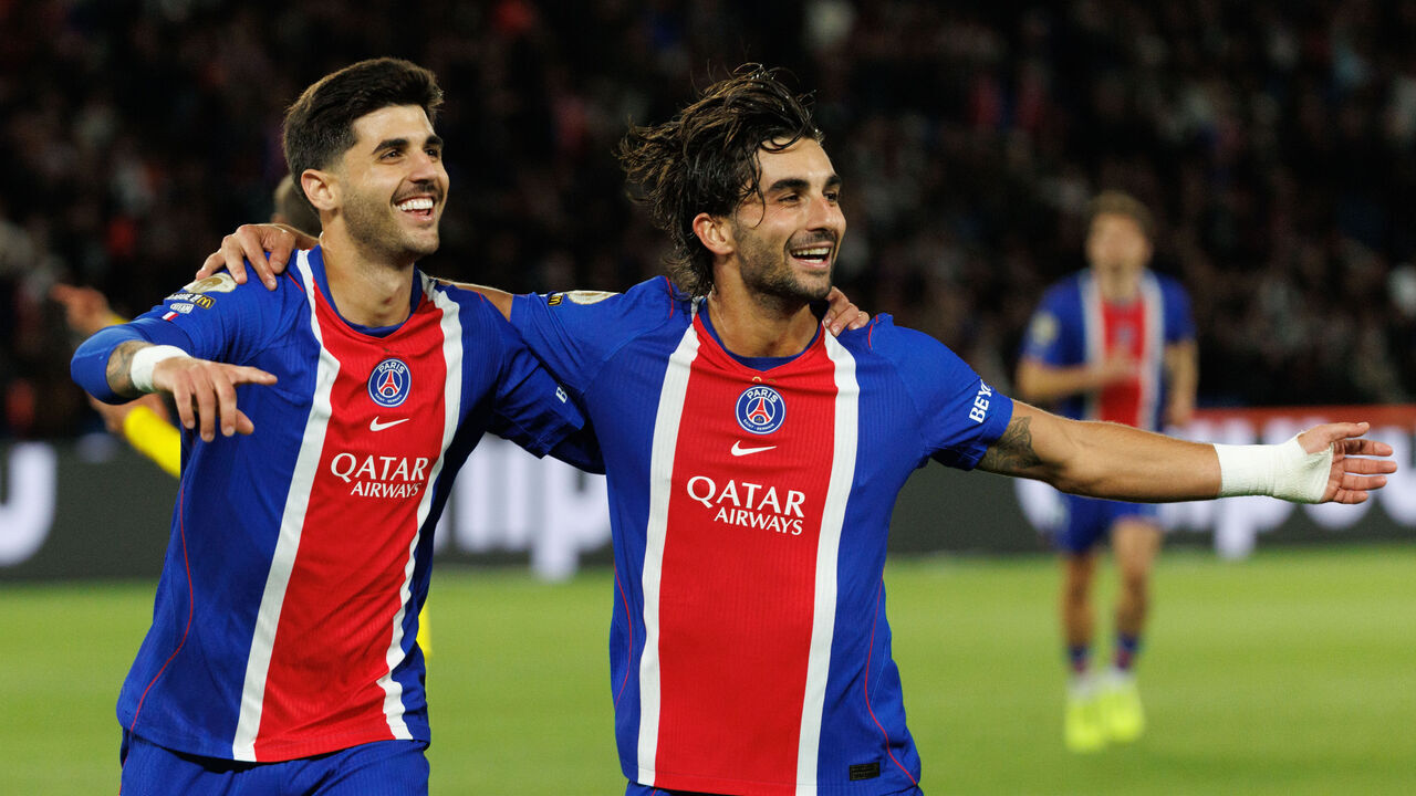 Paris, France - October 10: Lucas Beraldo and Ferran Torres celebrates goal during the Ligue 1 McDonald's match between Paris Saint-Germain and Le Mans FC at Parc des Princes on October 10, 2026 in Paris, France.