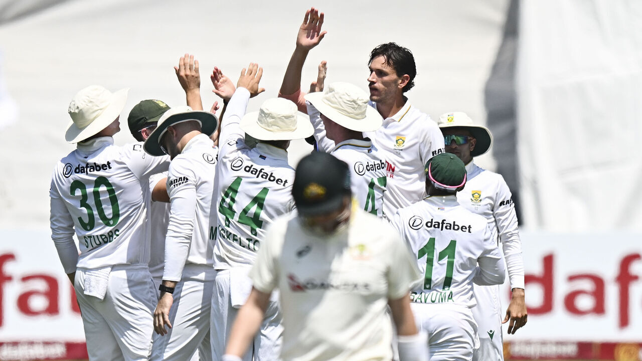 DURBAN, SOUTH AFRICA - OCTOBER 09: South Africa celebrate the wicket of Steve Smith of Australia caught behind from the bowling of Marco Jansen of of South Africa during day 1 of the 1st Dafabet Test match between South Africa and Australia at Hollywoodbets Kingsmead Stadium on October 09, 2026 in Durban, South Africa.