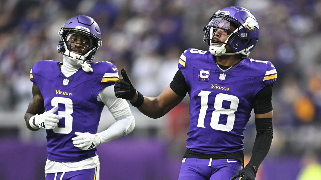 MINNEAPOLIS, MINNESOTA - DECEMBER 8: Justin Jefferson #18 and Jordan Addison #3 of the Minnesota Vikings line up for a play in the second quarter of the game against the Atlanta Falcons at U.S. Bank Stadium on December 8, 2024 in Minneapolis, Minnesota. The Vikings defeated the Falcons 42-21.
