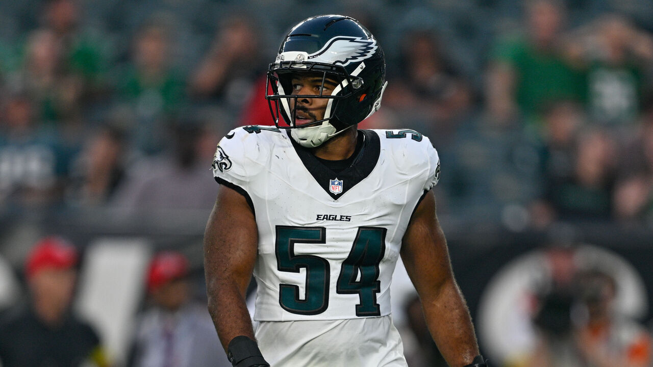 PHILADELPHIA, PA - AUGUST 07: Philadelphia Eagles linebacker Jeremiah Trotter Jr. (54) looks on during the preseason game between the Cincinnati Bengals and the Philadelphia Eagles on August 7th, 2025 at Lincoln Financial Field in Philadelphia, PA.
