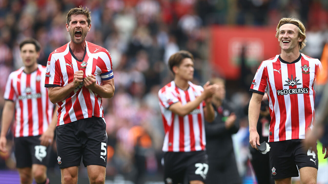 SOUTHAMPTON, ENGLAND - OCTOBER 11: Jack Stephens of Southampton celebrates at the final whistle during the Sky Bet Championship 2026/27 match between Southampton and Portsmouth at St Mary's Stadium on October 11, 2026 in Southampton, England.