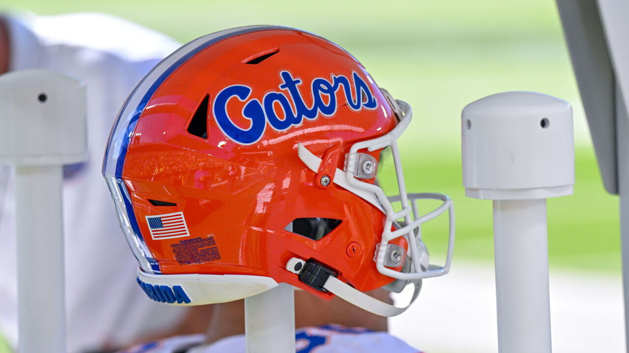 COLUMBIA, MO - OCTOBER 03: A Florida Gators helmet sits on the air vent on the back of the bleachers during a SEC conference game between the Florida Gators and the Missouri Tigers held on Saturday October 3, 2026 at Faurot Field at Memorial Stadium in Columbia MO.