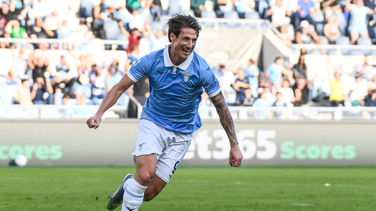 ROME, ITALY - OCTOBER 11: Andrea Pinamonti of SS Lazio celebrates after scoring a goal to make it 3-1 during the Serie A match between SS Lazio and AC Monza at Stadio Olimpico on October 11, 2026 in Rome, Italy.