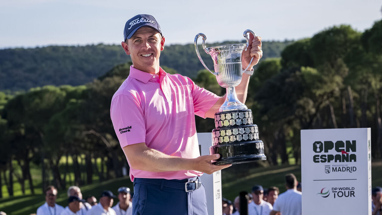 MADRID, SPAIN - OCTOBER 11: Grant Forrest of Scotland poses with the trophy following victory on day four of the Open de España presented by Madrid at Club de Campo Villa de Madrid on October 11, 2026 in Madrid, Spain.