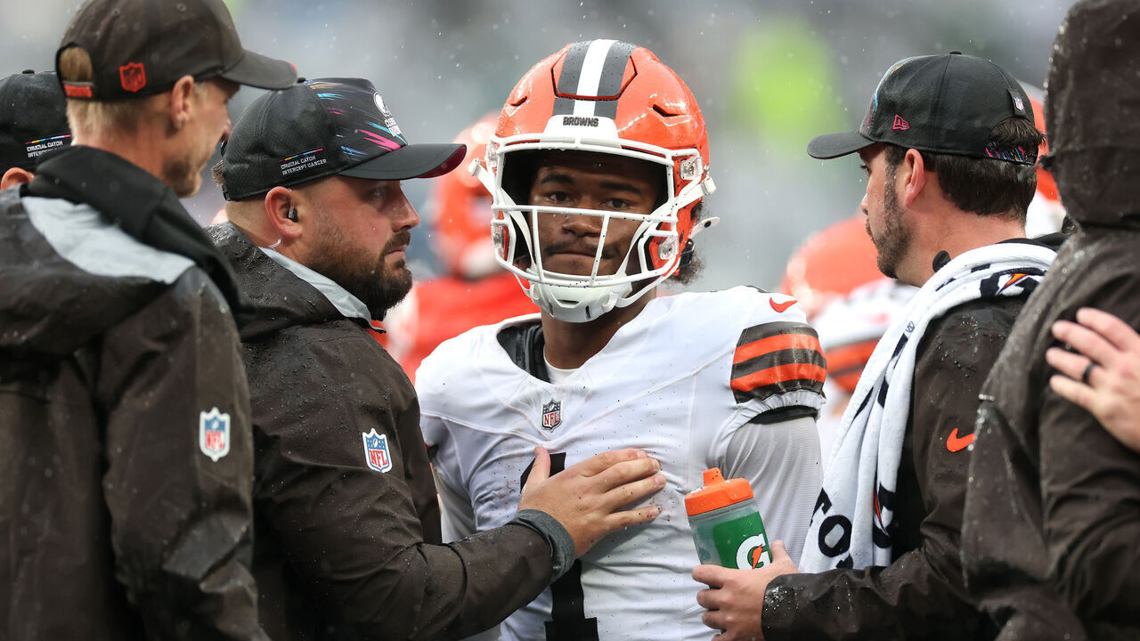 EAST RUTHERFORD, NEW JERSEY - OCTOBER 11: Kc Concepcion #1 of the Cleveland Browns speaks with the medical staff during the first quarter of the game against the New York Jets at MetLife Stadium on October 11, 2026 in East Rutherford, New Jersey.