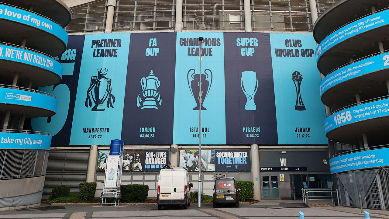 MANCHESTER, ENGLAND - OCTOBER 1: A general exterior view of Etihad Stadium as the graphic showing all the trophies they have won ahead of the UEFA Women's Champions League 2026/27 League Phase MD2 match between Manchester City and Real Madrid C.F. at Manchester City Academy Stadium on October 1, 2026 in Manchester, England.