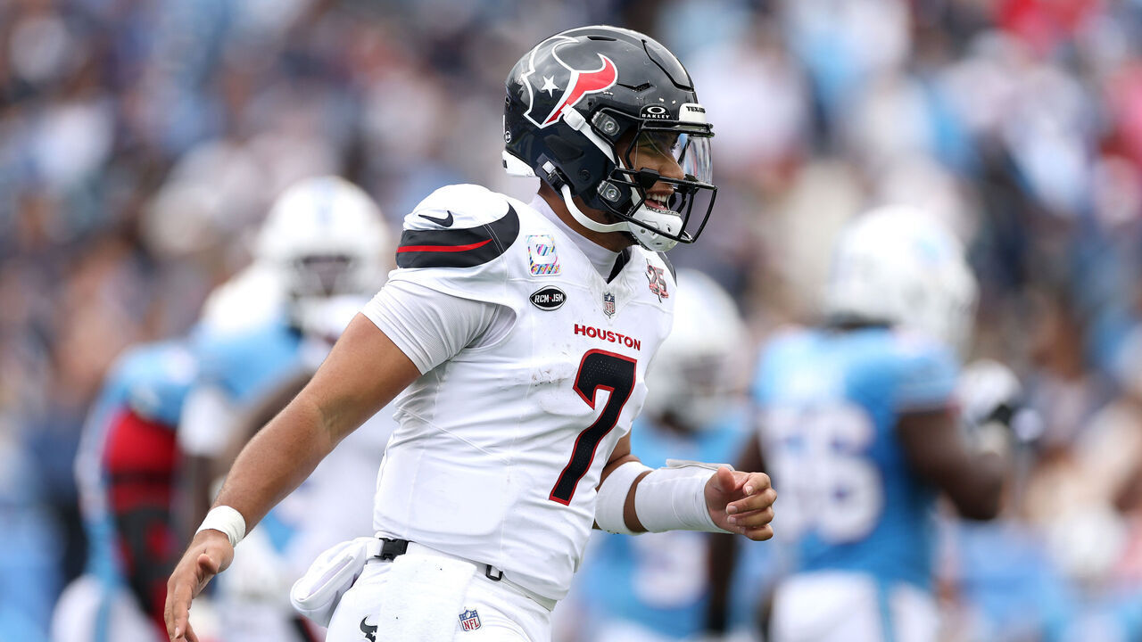 NASHVILLE, TENNESSEE - OCTOBER 11: C.J. Stroud #7 of the Houston Texans celebrates after scoring a touchdown during the third quarter of the game against the Tennessee Titans at Nissan Stadium on October 11, 2026 in Nashville, Tennessee.