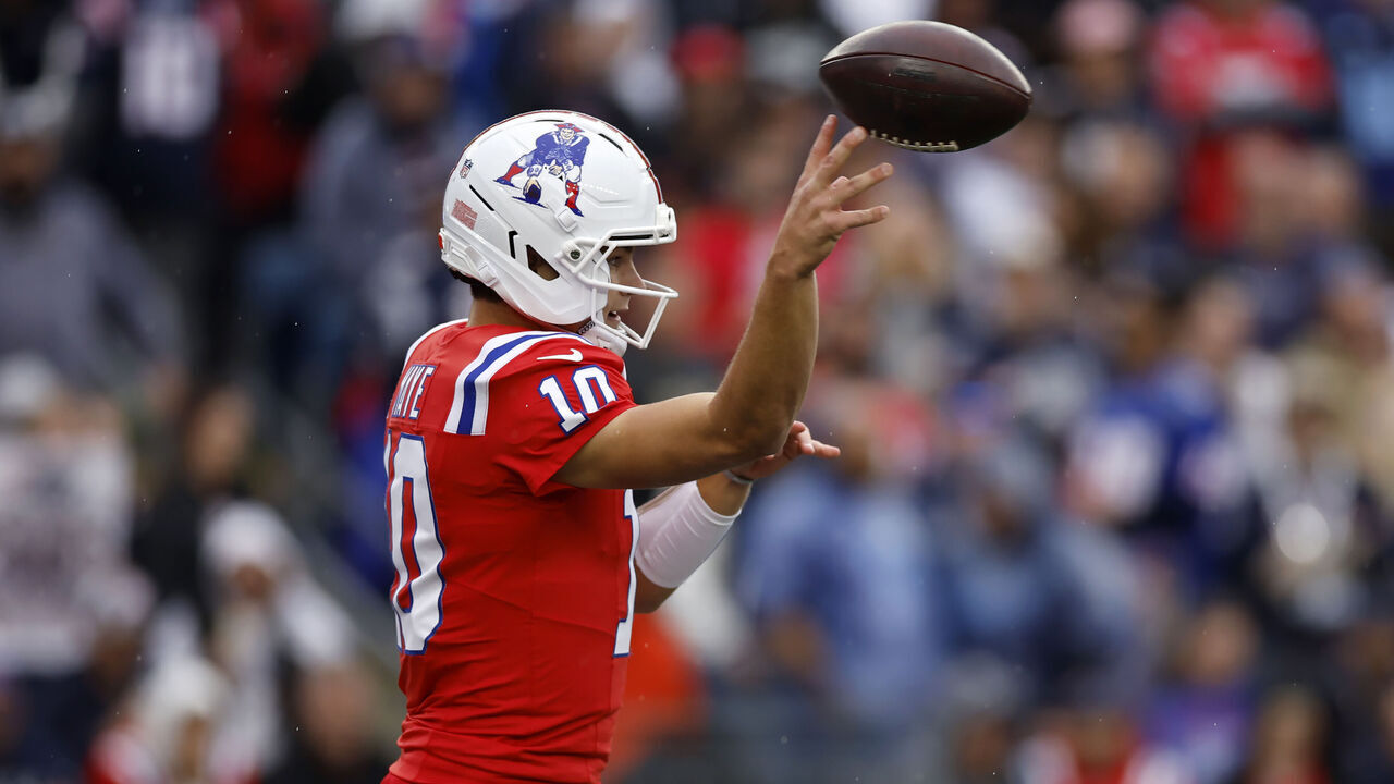 FOXBOROUGH, MASSACHUSETTS - OCTOBER 11: Drake Maye #10 of the New England Patriots passes against the Las Vegas Raiders during the third quarter at Gillette Stadium on October 11, 2026 in Foxborough, Massachusetts.