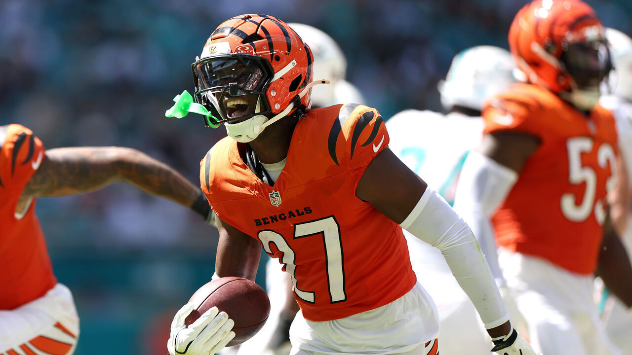MIAMI GARDENS, FLORIDA - OCTOBER 11: Jordan Battle #27 of the Cincinnati Bengals celebrates his second interception of the game against the Miami Dolphins during the second quarter at Hard Rock Stadium on October 11, 2026 in Miami Gardens, Florida.