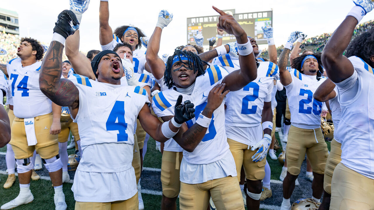 EUGENE, OREGON - OCTOBER 10: The UCLA Bruins celebrate their win against the Oregon Ducks at Autzen Stadium on October 10, 2026 in Eugene, Oregon.