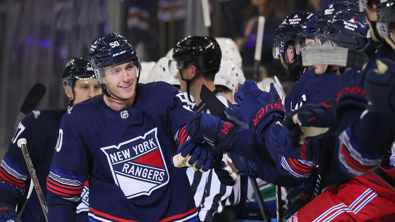 NEW YORK, NEW YORK - OCTOBER 11: Will Cuylle #50 of the New York Rangers celebrates his second goal of the game during the third period against the Vancouver Canucks at Madison Square Garden on October 11, 2026 in New York City. The Rangers defeated the Canucks 6-2.