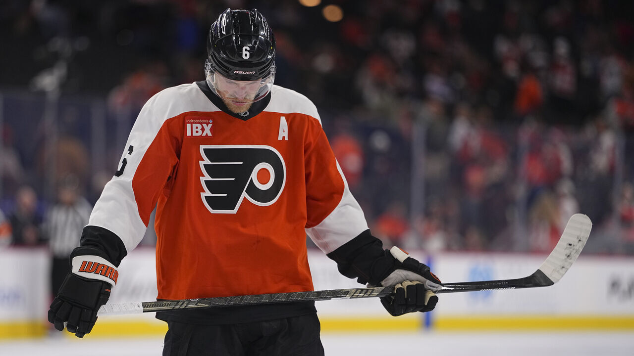 PHILADELPHIA, PENNSYLVANIA - OCTOBER 11: Travis Sanheim #6 of the Philadelphia Flyers looks on after the game against the Carolina Hurricanes at Xfinity Mobile Arena on October 11, 2026 in Philadelphia, Pennsylvania. The Hurricanes defeated the Flyers 4-1.