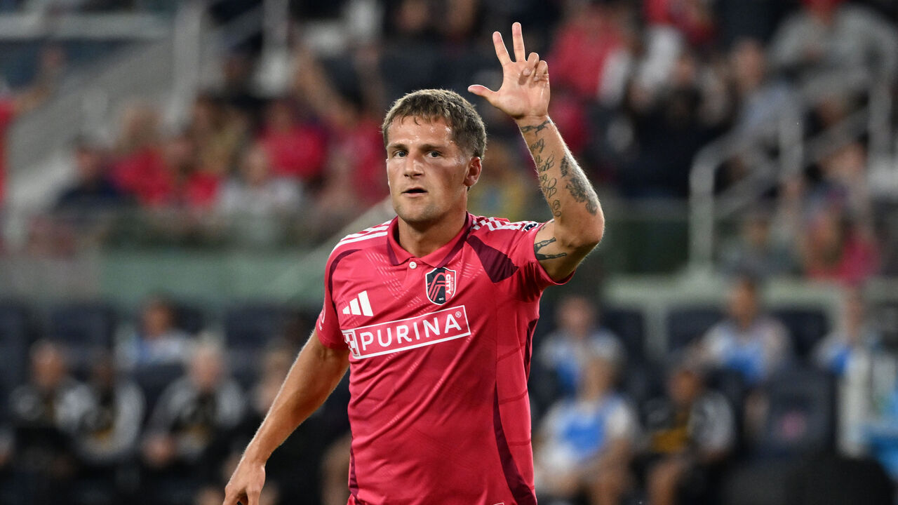 ST LOUIS, MISSOURI - OCTOBER 11: Carlo Holse #19 of St. Louis City SC celebrates his third goal during the first half of a MLS game between St. Louis City SC and LA Galaxy at Energizer Park on October 11, 2026 in St Louis, Missouri.