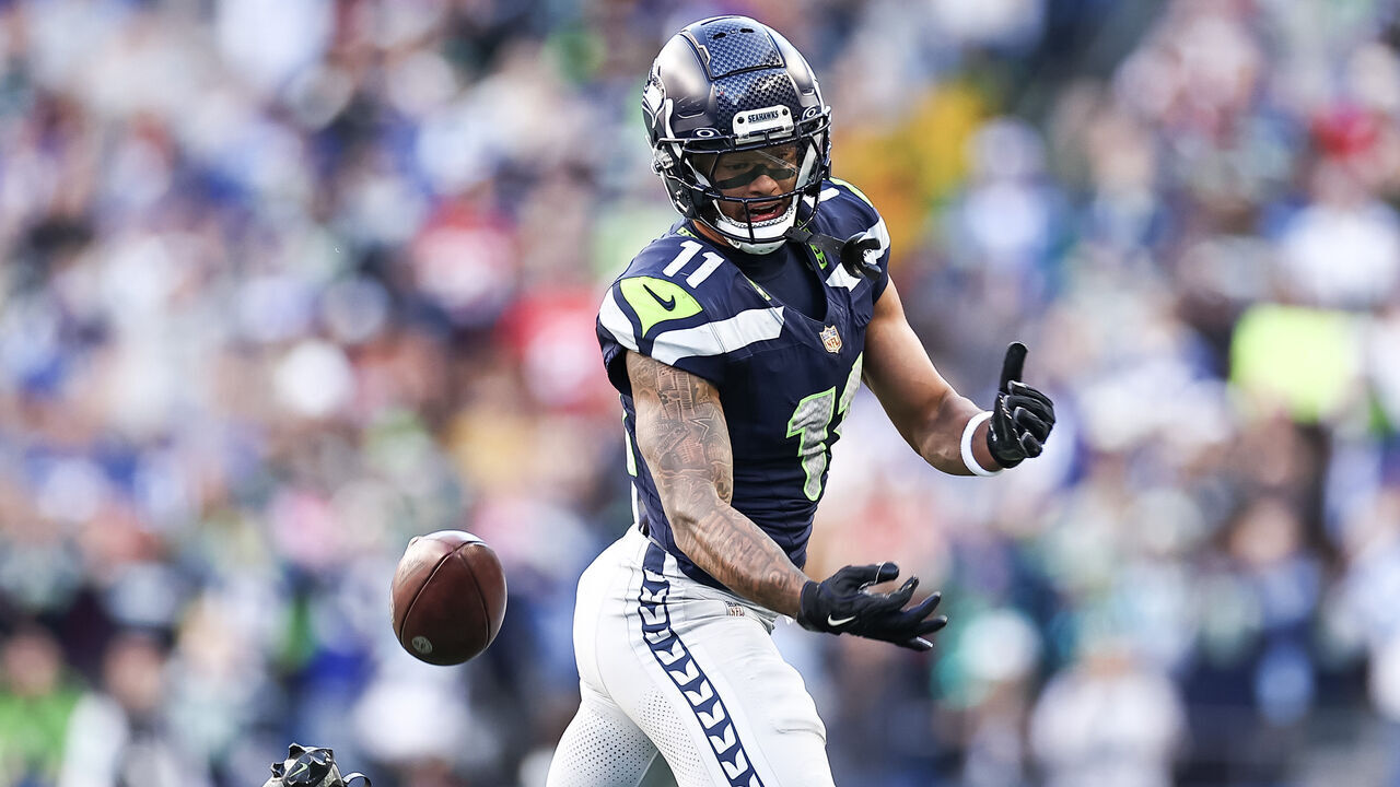 SEATTLE, WASHINGTON - OCTOBER 11: Jaxon Smith-Njigba #11 of the Seattle Seahawks misses a catch during the fourth quarter against the San Francisco 49ers at Lumen Field on October 11, 2026 in Seattle, Washington.